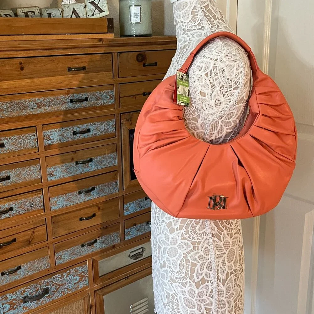 Badgley Mischka - Pleats Shoulder Bag - Coral/ Orange Vegan Leather - NWT